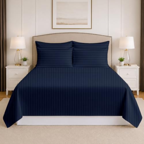 "Mattress-Homes Extra Deep Pocket 6 Piece Queen Sheet Set, Hotel Luxury Collection, 100% Egyptian Cotton, 21"" Deep Fitted Sheet, Soft, Cool & Breathable Bedding with 4 Pillowcases in Navy Blue Stripe"