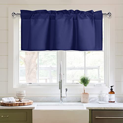 XWZO Kitchen Valances Curtains for Windows Living Room Bedroom Bathroom Toppers Farmhouse Style Rustic Dinning Room Blackout Thermal Insulated Rod Pocket, W42 x L12 Inch Length, Navy Blue, 1 Panel.