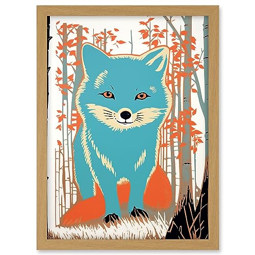Artery8 Cute Blue Fox Forest Glade Landscape Bright Woodland Baby Animal Kids Bedroom Artwork Framed A3 Wall Art Print