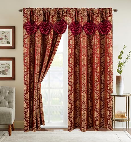 Elegant Comfort Jacquard Look Curtain Panel Set with Attached Waterfall Valance, (Set of 2), 54 x 84 Inches, Burgundy