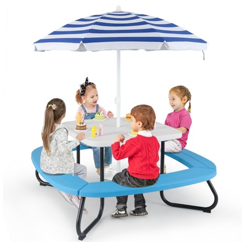 GYMAX Kids Picnic Table Set, 8 Person Toddler Garden Table with 4 Benches, Removable & Height Adjustable Umbrella, Indoor Outdoor Children Furniture Set for 3+ Years Old (Blue+White)