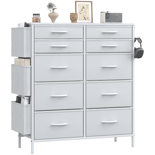 Feonase Tall Chest of Drawers, 10 Fabric Drawers Dresser with 3 Side Pockets & Hooks, Metal Frame, MDF Top Board, Versatile Organizer Storage Unit for Bedroom, Living Room, White