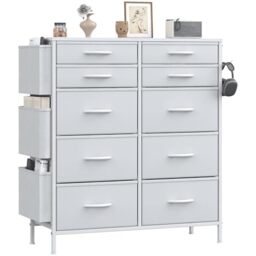 Feonase Tall Chest of Drawers, 10 Fabric Drawers Dresser with 3 Side Pockets & Hooks, Metal Frame, MDF Top Board, Versatile Organizer Storage Unit for Bedroom, Living Room, White