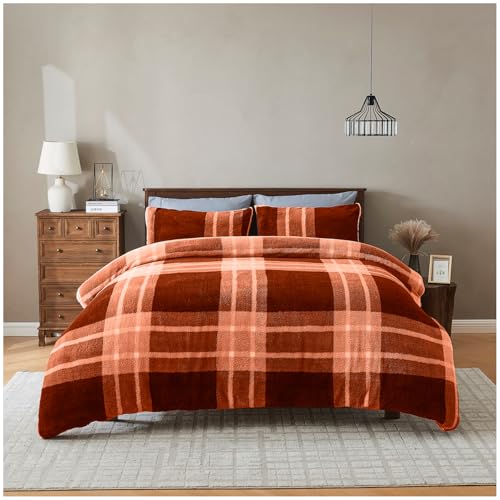GC GAVENO CAVAILIA Luxury Fleece Duvet Cover with Pillowcases - Geometric Double Bedding Set - Soft, Warm Winter Teddy Duvet Set - Easy Care Comforter Bed Linen Double - (200x200 cm), Terracotta