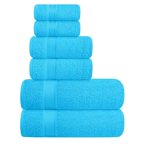 Elvana Home Ultra Soft 6 Pack Cotton Towel Set, Contains 2 Bath Towels 28x55 inch, 2 Hand Towels 16x24 inch & 2 Wash Coths 12x12 inch, Ideal for Everyday use, Compact & Lightweight - Turquoise Blue
