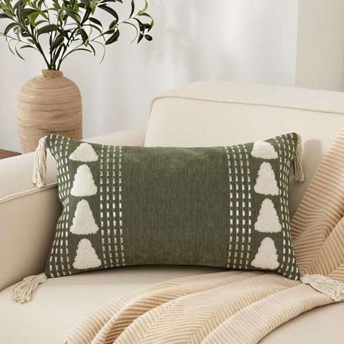 Boho Tree Tufted Lumbar Throw Pillow Cover 12x 20 with Tassels, Embroidered Chenille Pillow Cases, Farmhouse Accent Bedroom Decor for Outdoor Couch Bedroom Car, Olive Green