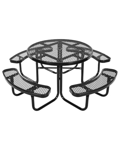 "VEVOR Heavy-Duty Picnic Table, Outdoor Furniture Weather Resistant Patio Dining Set, Coated Steel Tables with Umbrella Hole, 46"" Round Table and Bench Set, for Garden, Backyard, Porch (Black)"