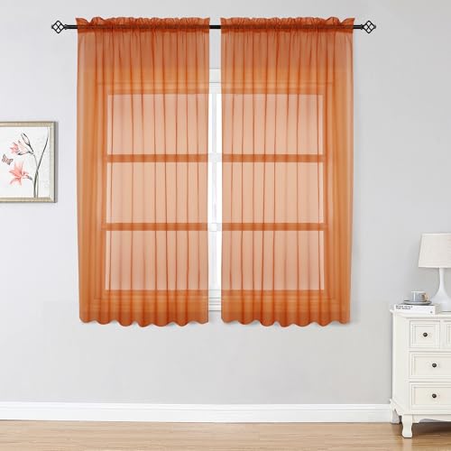 "OWENIE Sheer Curtains 54 inches Long for Living Room Bedroom, Rod Pocket Light Filtering Voile Sheers Panels Drapes Small Window Treatments 2 Panels, 42"" W x 54"" L, Orange"