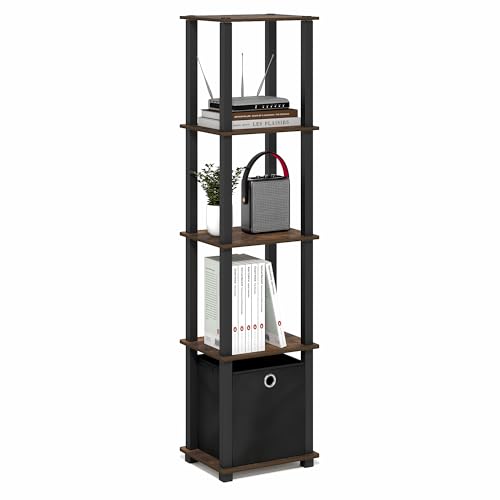 Furinno TURN-N-TUBE Book Shelf, 5-Tier Square Open Frame Display Shelf, Corner Storage Shelves with Storage Bin, Shelving Unit, for Organization, Living Room, Garage, Home Office, Amber Pine