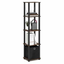 Furinno TURN-N-TUBE Book Shelf, 5-Tier Square Open Frame Display Shelf, Corner Storage Shelves with Storage Bin, Shelving Unit, for Organization, Living Room, Garage, Home Office, Amber Pine