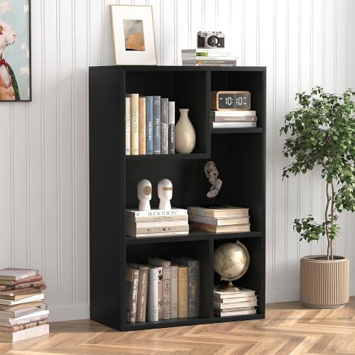 VECELO 4-Tier Bookcase, 5 Cube Wooden Bookshelf with Height Difference Shelves, Floor Standing Storage Display Unit for Living Room, Bedroom, Home Office, 50 x 24 x 80 cm, Black