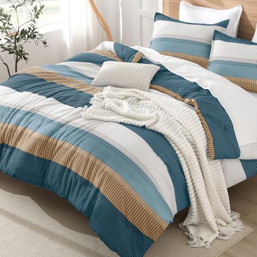 Litanika Green Yellow King Size Comforter Set - 3 Pieces Stripe Bed Set - Fluffy Lightweight Soft Colorblock Down Alternative All Season Bed Set