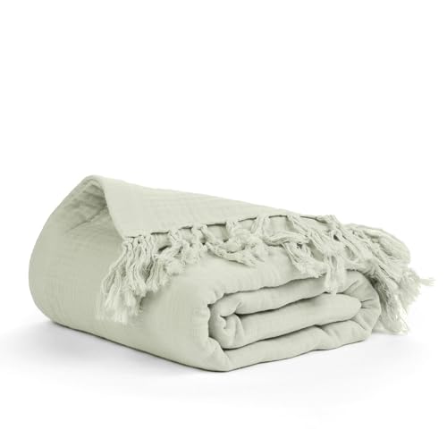 "Salt Earth 100% Cotton Muslin Throw Blanket, Gauze Blanket 50""X60"" Throw with Tassel 4 Layered for Couch, Bed, Living Room, Home, Lightweight & All Season Blankets & Throws, Skin Friendly (Sea Foam)"