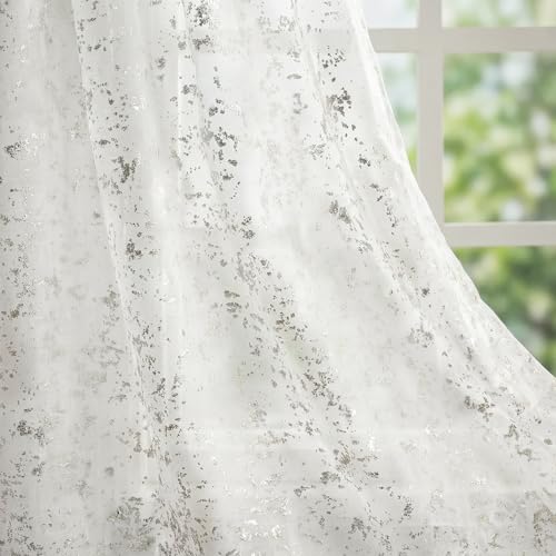 "Horaldaily White Sheer Curtains for Living Room and Bedroom, Sliver Sequin Glitter Metallic Foil, Scenery Light Filtering Window Curtains, 52"" W x 84"" L, Set of 2 Curtain Panels"