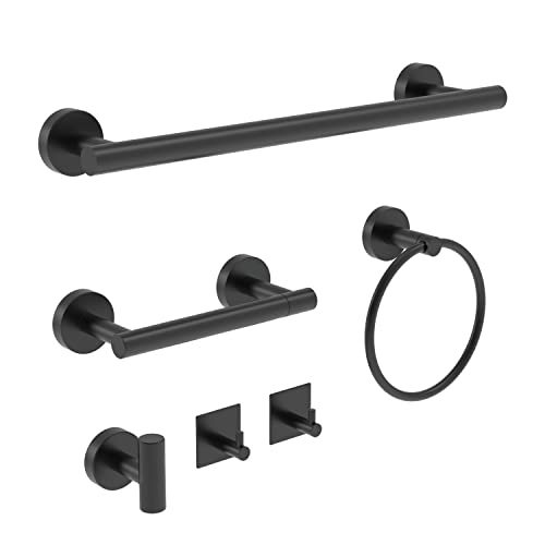 "6 PCS Bathroom Hardware Set, Matte Black Steel Bathroom Hardware Set, Including 16"" Hand Towel Bar, Toilet Paper Holder, Towel Ring, Robe Towel Hooks, Bathroom Accessories Kit"