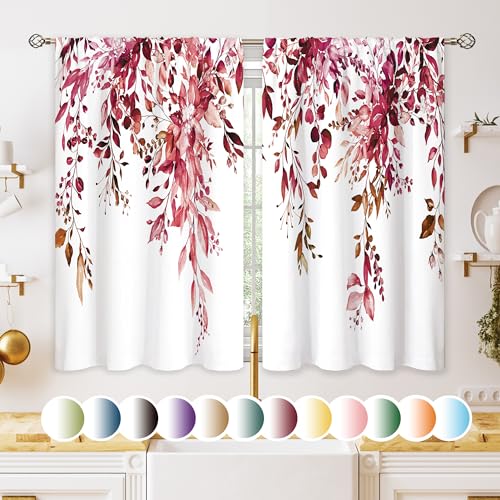 oolygoo Burgundy Eucalyptus Small Kitchen Curtains Watercolor Red Leaves Window Treatment Flower Floral Plant Botanical Cafe Short Curtains for Bathroom Dining Fall Tier Treatment Drapes 27.5x39 inch