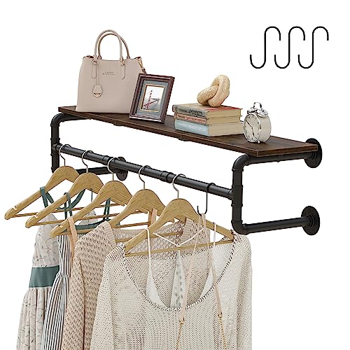 Crehomfy Industrial Pipe Clothes Rack with Top Shelf and 3 Hooks, 41''L Wall Mounted Garment Rack, Heavy Duty Iron Garment Bar, Clothes Hanging Rod Bar, 4 Base Max Load 135Lb Black
