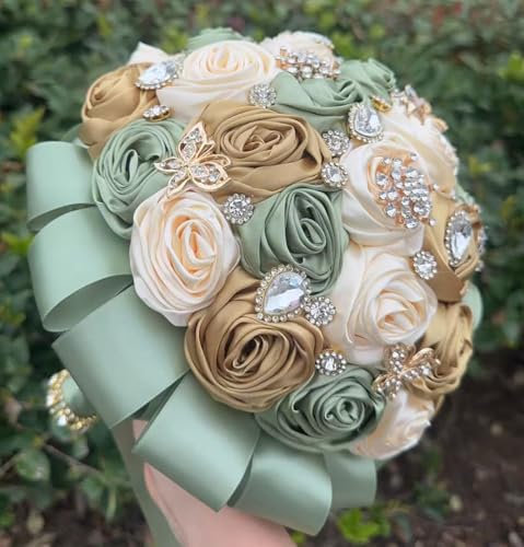 "Mhojpik Bridal Wedding Bouquet Round Bling Brooch Bouquet Throw Toss Artificial Rose Flower Bunch for Bride Bridesmaid Wedding Quinceanera (Sage Green, Gold & Cream, 8.7"")"