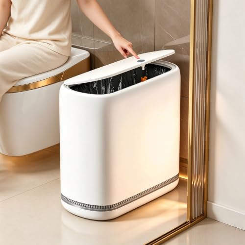 JOYBOS Bathroom Trash Cans,Adsorption Garbage Can with Press Type Lid,10L Dogproof Slim Plastic Narrow Trash Bin,3 Gallon Garbage Bin for Home,Office and Narrow Place