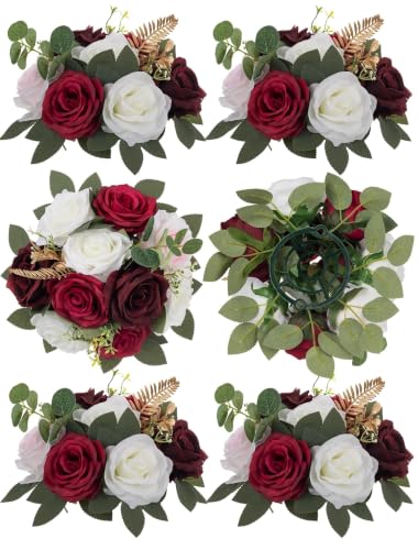 BLOSMON Artificial Flowers Ball Wedding Centerpieces 6 Pcs Burgundy Rose Artificial Flower Center Pieces Decoration for Table Silk Kissing Ball Faux Floral Bouquet Arrangements Home Party DIY Decor