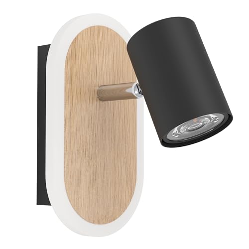 Eglo LED Indoor wall Light Rimbocchi, Oval Mounted lamp with Adjustable Spotlight, Metal Spotlight in Black and Wood Effect, Warm White