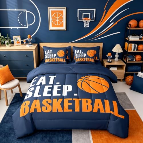 Feelyou Basketball Comforter Set 7 Piece 3D Ball Sports Bedding Twin Comforter Set for Boys Girls Women Men Blue Eat Sleep Basketball Bedding Set Ball Games Room Decor Bed in a Bag