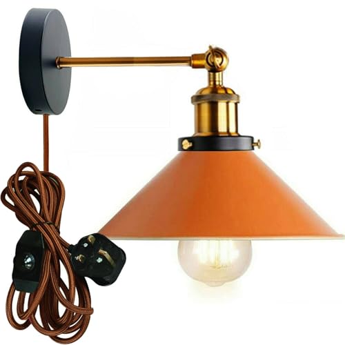 LEDSone Industrial Wall Sconce Adjustable Arm Light dimmer Switch Plug in 22cm Orange Metal Cone Lamp Shade with E27 Base Wall Lights for Restaurant Office and Indoor Home Decor