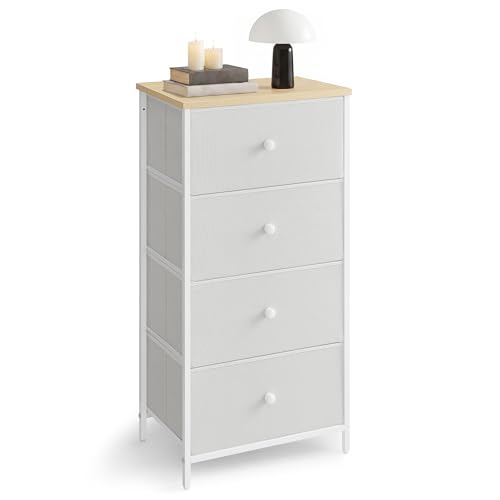 SONGMICS Chest of Drawers Bedroom, Drawer Storage Unit, Dresser with 4 Fabric Drawers, Metal Frame, Tall and Slim, for Closet, White and Oak LTS314W57