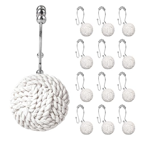 Sunlit Boho Knots Double Shower Curtain Hooks, Home Decorative White Shower Curtain Rings for Bathroom, Seaside Nautical Shower Curtain Hangers Bathroom Accessories, Set of 12