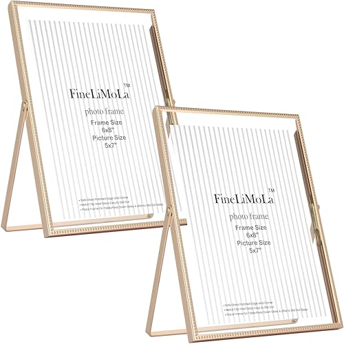 Premium Gold 6x8'' Floating Frame 2Pack for Picture Sizes 3.5x5'', 4x6'',5X7'',Beaded Metal Edge Floating Frames 6x8'' gold, Adjustable Tabletop/Shelf Photo Frame, Classy Wedding Gift and Home Office