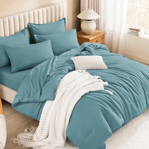 Litanika California King Comforter with Sheets - 7 Pcs Bed in a Bag - Grayish Teal Fluffy Lightweight Soft Warm Down Alternative Solid All Season Bedding Set