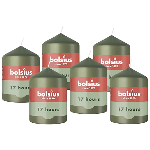 Bolsius - Essentials - Pillar Candle - Olive Green - 3,1” - Length Burning Time 17 Hours - Unscented - Natural Plant Wax - Without Palm Oil