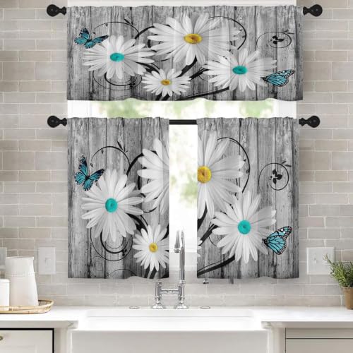 Tayney Daisy Kitchen Window Curtains Valance and Tier Set 36 Inch, Yellow Teal Butterfly Wooden Rustic Rod Pocket Short Tier Curtain for Bathroom, Farmhouse Small Cafe Drapes for Kitchen Decor