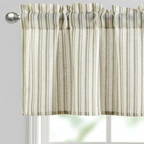 "JIUZHEN 52x18 Inch Kitchen Valance - Thick Textured Linen Striped Window Valance Curtain with 3"" Rod Pocket, Vertical Striped Green (1 Panel)"