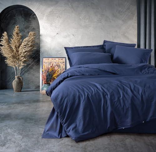 Nuit Des Rêves Premium Ranforce Double Quilt Cover Set (200 x 200 cm), Dark Blue, 100% Cotton, 2 Pillowcases (80 x 80 cm), Reactive Print, Machine Washable, Elegant Design