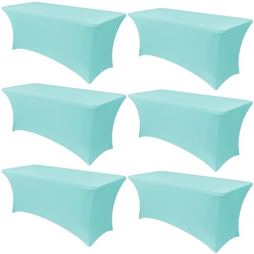Obstal 6 Pack Stretch Spandex Table Covers for 8 Foot Tables - 8 FT Rectangular Fitted Tablecloth Protector for Wedding, Banquet, Party (Turquoise Blue, 96'' Length x 30'' Width x 30'' Height)
