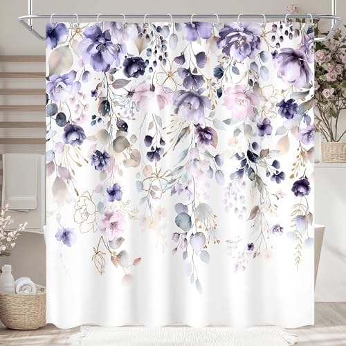 "Purple Floral Girls Girly Boho Watercolor Bathroom Shower Curtain Set - 72""W x 72""L Flower Wildflower design with waterproof HD artwork, quick-dry fabric and hooks for easy hanging."