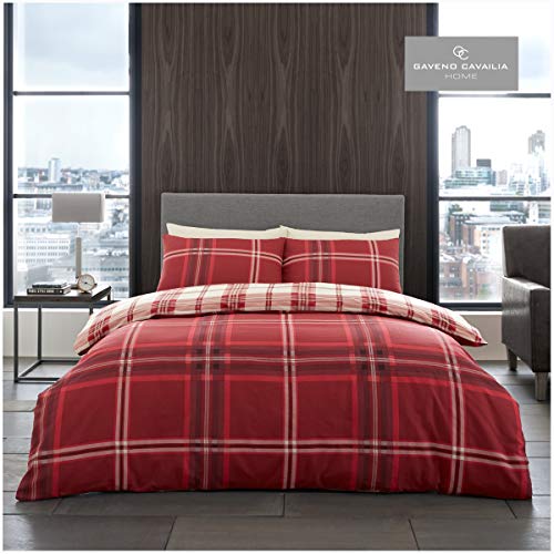 Gaveno Cavailia Contemporary Design Checkered Duvet Cover Quilt Bed Set With Pillow Case, Reversible, Poly Cotton, Bardsley Check Red, King Size Bedding