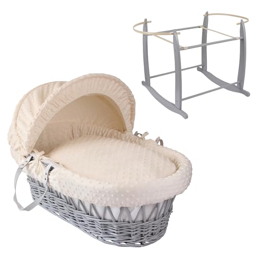 Clair de Lune Dimple Grey Wicker Moses Basket with Grey Deluxe Rocking Stand 68 x 30 cm (Cream)