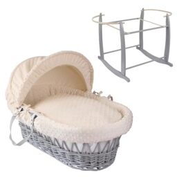 Clair de Lune Dimple Grey Wicker Moses Basket with Grey Deluxe Rocking Stand 68 x 30 cm (Cream)