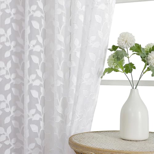 "Chyhomenyc White Sheer Curtains 90 Inch Length 2 Panels Set, Light Filtering Tufted Textured Soft Airy Rod Pocket Gentle Leaf Window Treatment Drapes for Bedroom Living Room, 42"" Wx90 L, 2PCS"