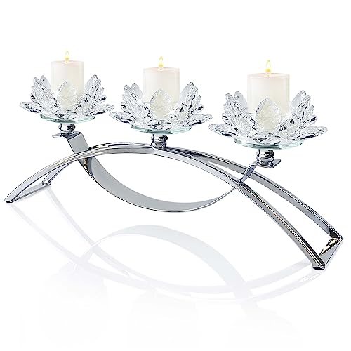 Crystal Flower Shape 3 Arm Candle Holder for Party/Dining Table (1, Silver)