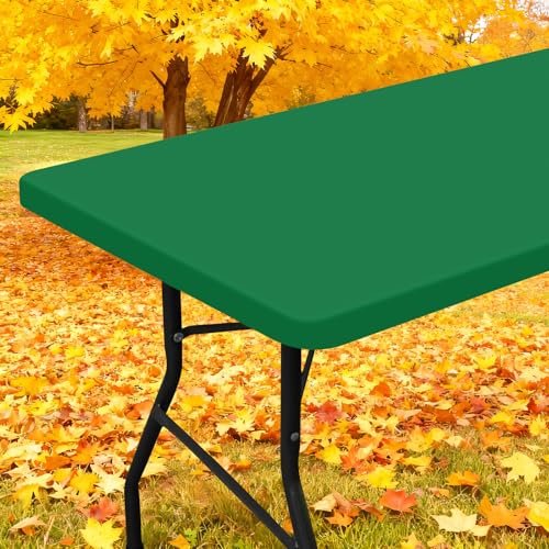 "Smiry Rectangle Picnic Table Cloth, Waterproof Elastic Fitted Tablecloths for 6 Foot Tables, Washable Polyester Table Cover for Camping, Indoor and Outdoor (Hunter Green, 30""x72"")"
