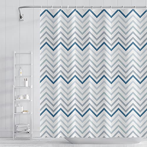 Umpoo Grey and Blue Pattern Bathroom Shower Curtain Abstract Wave Geometry Line Bath Curtain with Hooks Waterproof Polyester Fabric Shower Curtains for Modern Artistic Bath Decorative, 72x72 Inch