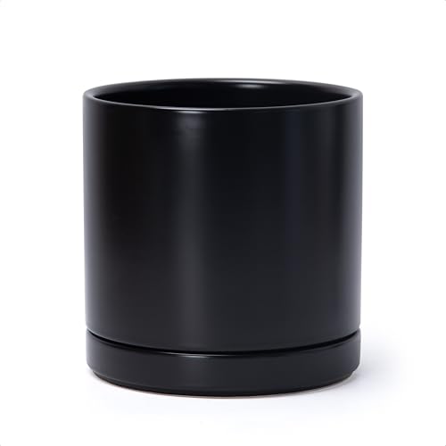 D'vine Dev Ceramic Planter Pot with Drainage Hole and Saucer, Indoor Cylinder Round Planter Pot, 8 Inch, Black, 94-O-M-2