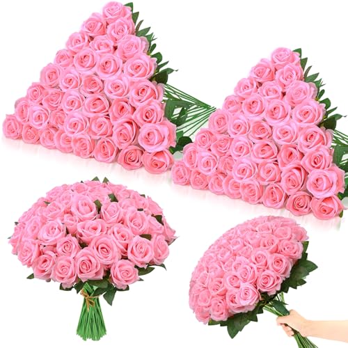 Ovveroche 80 Pcs Roses Artificial Flowers,Silk Pink Rose Artificial Flowers,Fake Pink Rose Petals Long Stem Roses for Wedding Bouquet Home Party Decor