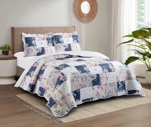 "Brilliant Sunshine Vintage Indigo & Pink Roses Toile Quilt, Queen Size - Soft Reversible Bedspread, Lightweight Coverlet with Shams, Washable Bedding Set, All Seasons, 90""x90""+2 20""x26"""