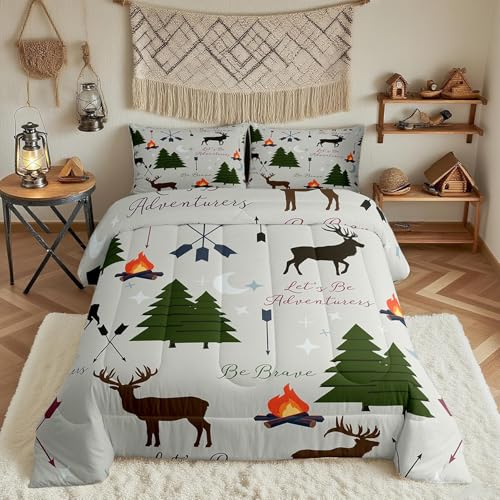 Homewish Adventure Deer Comforter Set Full Size,Cartoon Pine Tree Jungle Animals Bedding Set,Arrow and Stars Moon Quilt Set for Kids Girls Boys Adult Room Decor Rustic Camping Duvet Insert Green 3Pcs