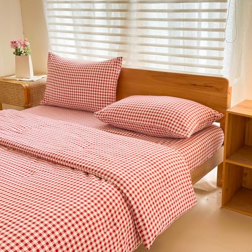NSNLGSGC Red Gingham King Comforter Set, 3 Pieces - Red Grid Bed Comforter, 3 Pieces, 1 Comforter, 2 Pillowcases