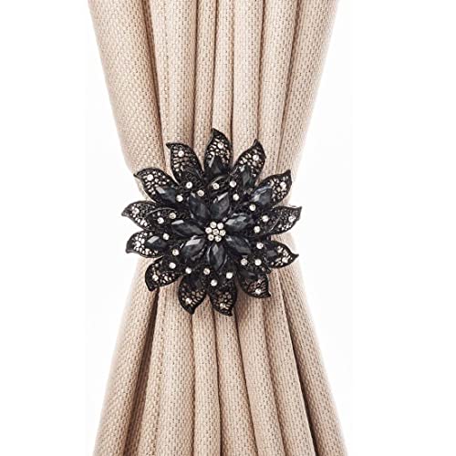 SUQ I OME Classic Luxury Big Crystal Curtain Magnetic Tieback Flower Curtain Clips Buckle with Stretchy Wire Rope for Home Office Decoration(Black,2PCS)